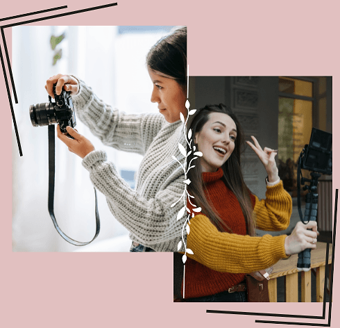 Collage of two women at work, one raising a DSLR to frame a shot and the other filming herself on a handheld rig