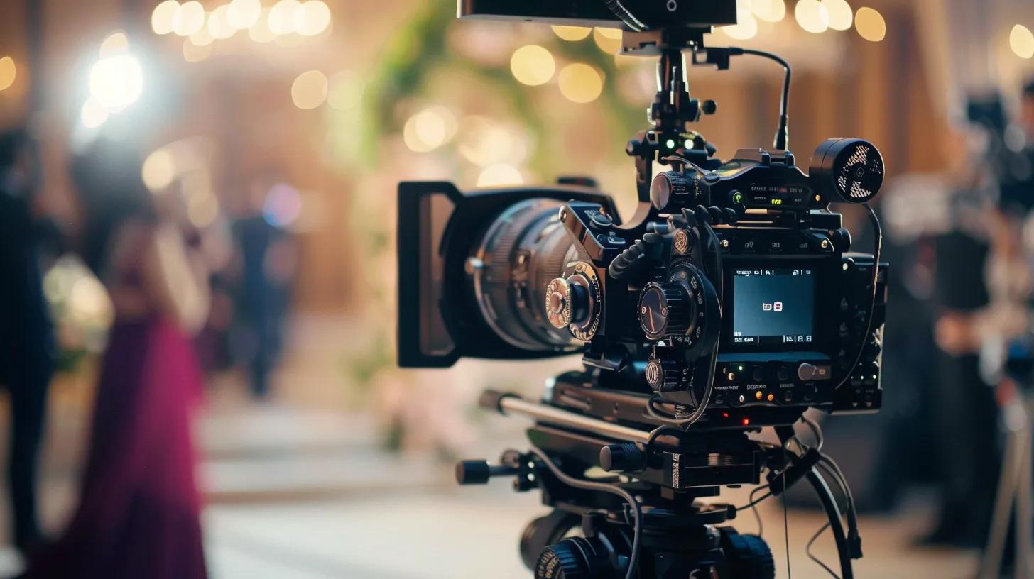 Cinema camera rigged on a tripod at a wedding reception, its monitor lit and the warm bokeh of the room behind it