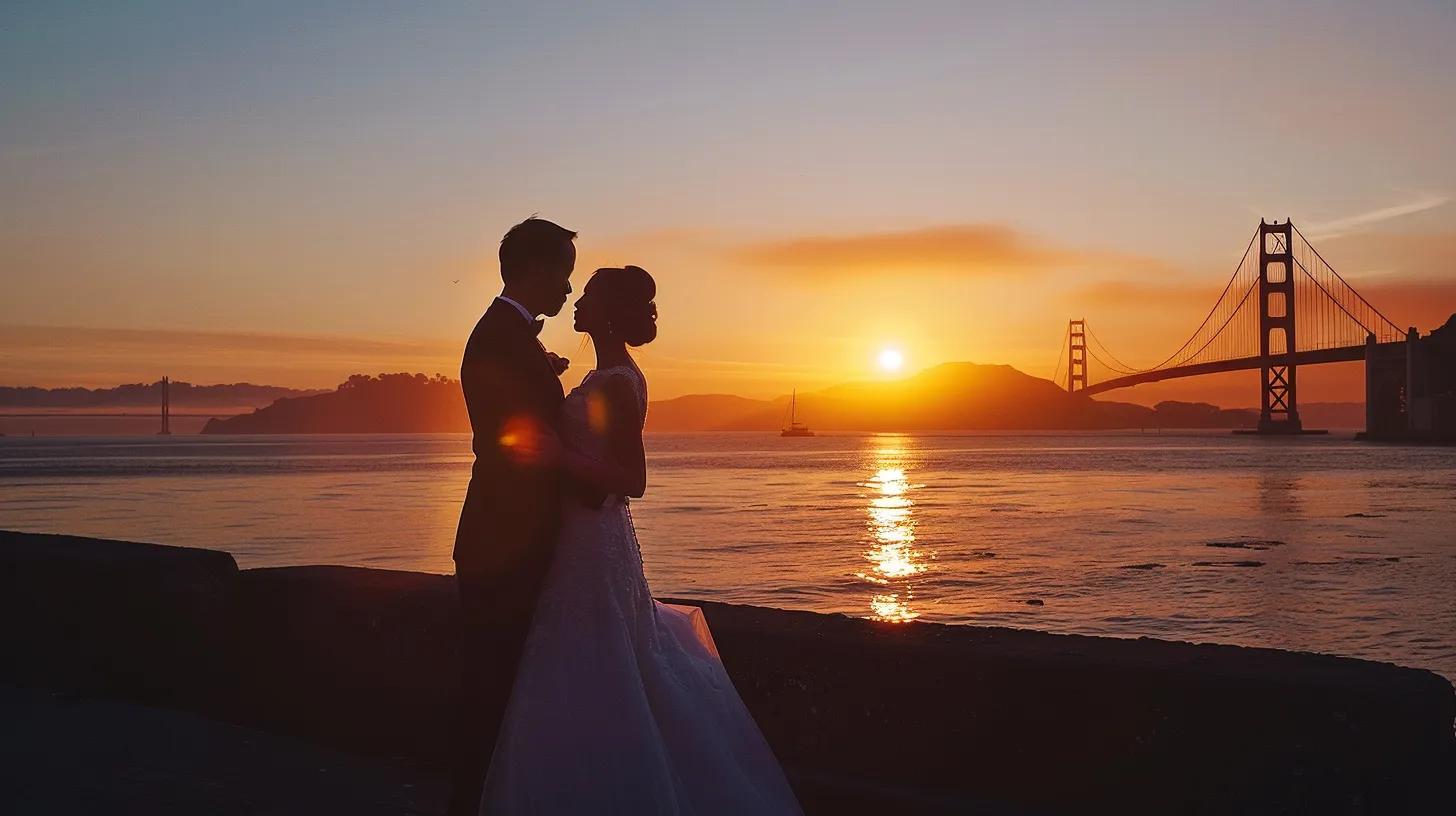 Bride and groom silhouetted against the bay at sunset, the Golden Gate Bridge spanning the water behind them