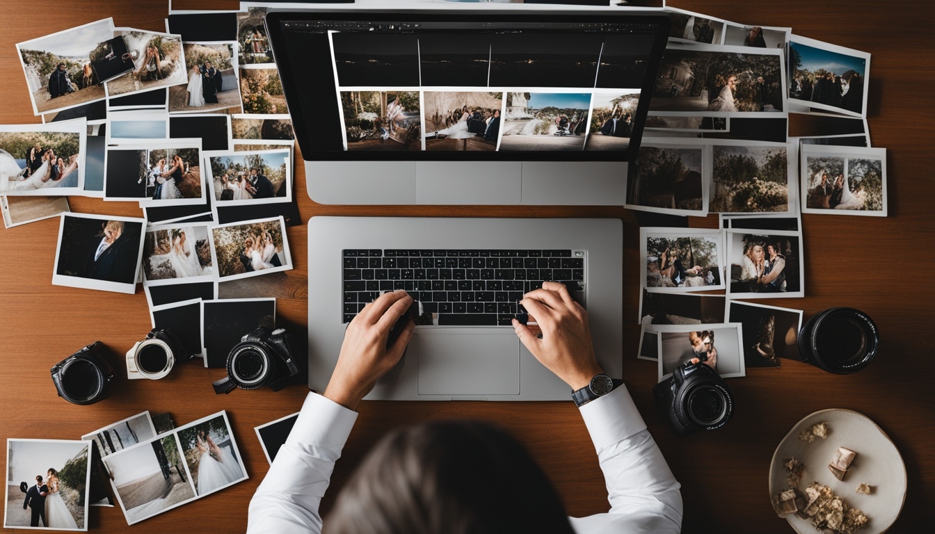 Overhead view of an editor at a laptop, surrounded by printed wedding photographs and camera bodies