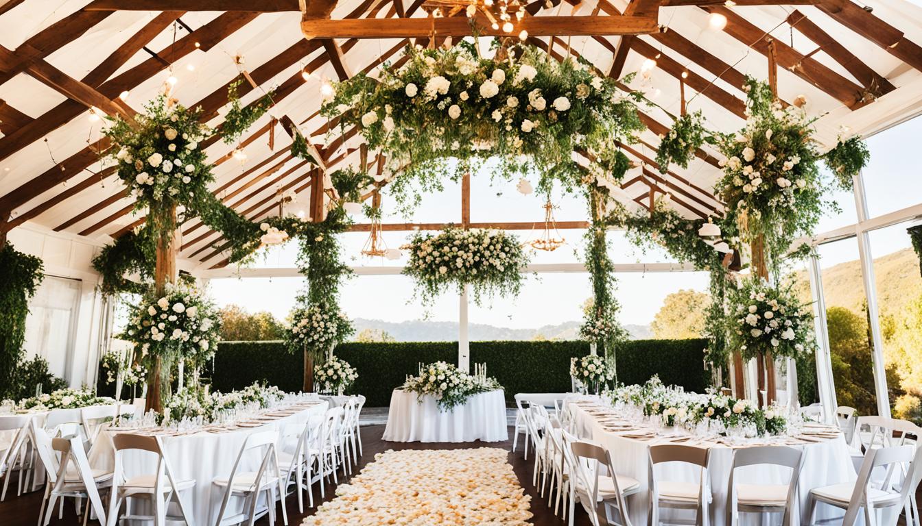 Barn-style reception hall with exposed beams and white-and-green floral garlands, long tables either side of an aisle strewn with petals