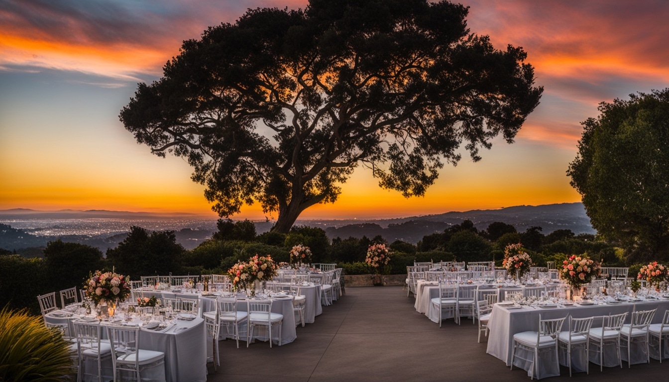 Reception tables with white chairs and pink flower centerpieces on a hilltop terrace beneath a spreading oak, the city lights below at sunset
